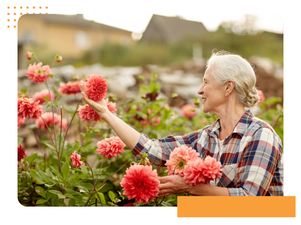 A senior woman tending to her vibrant garden